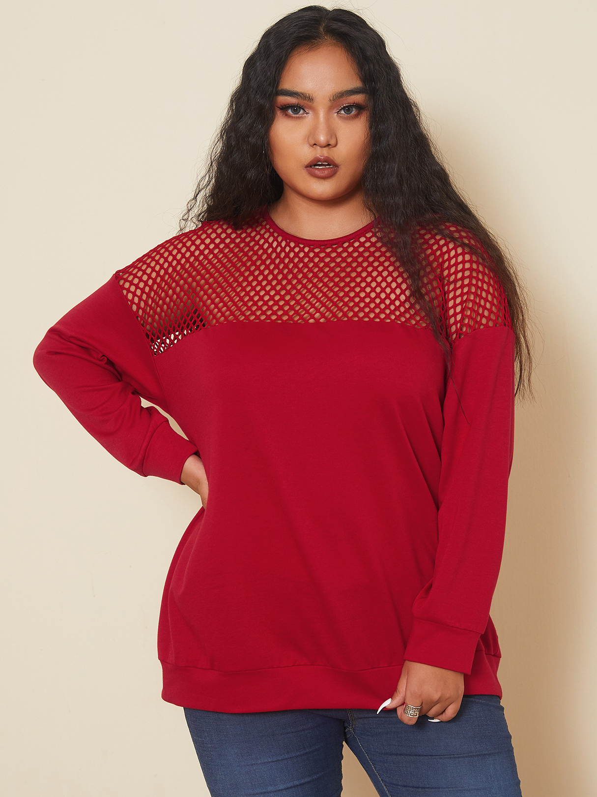 YOINS Plus Size Round Neck Patchwork Hollow Design Long Sleeves Tee