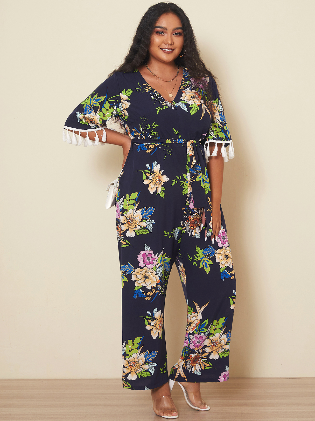 YOINS Plus Size V-neck Floral Print Belt Design 3/4 Length Sleeves Jumpsuit
