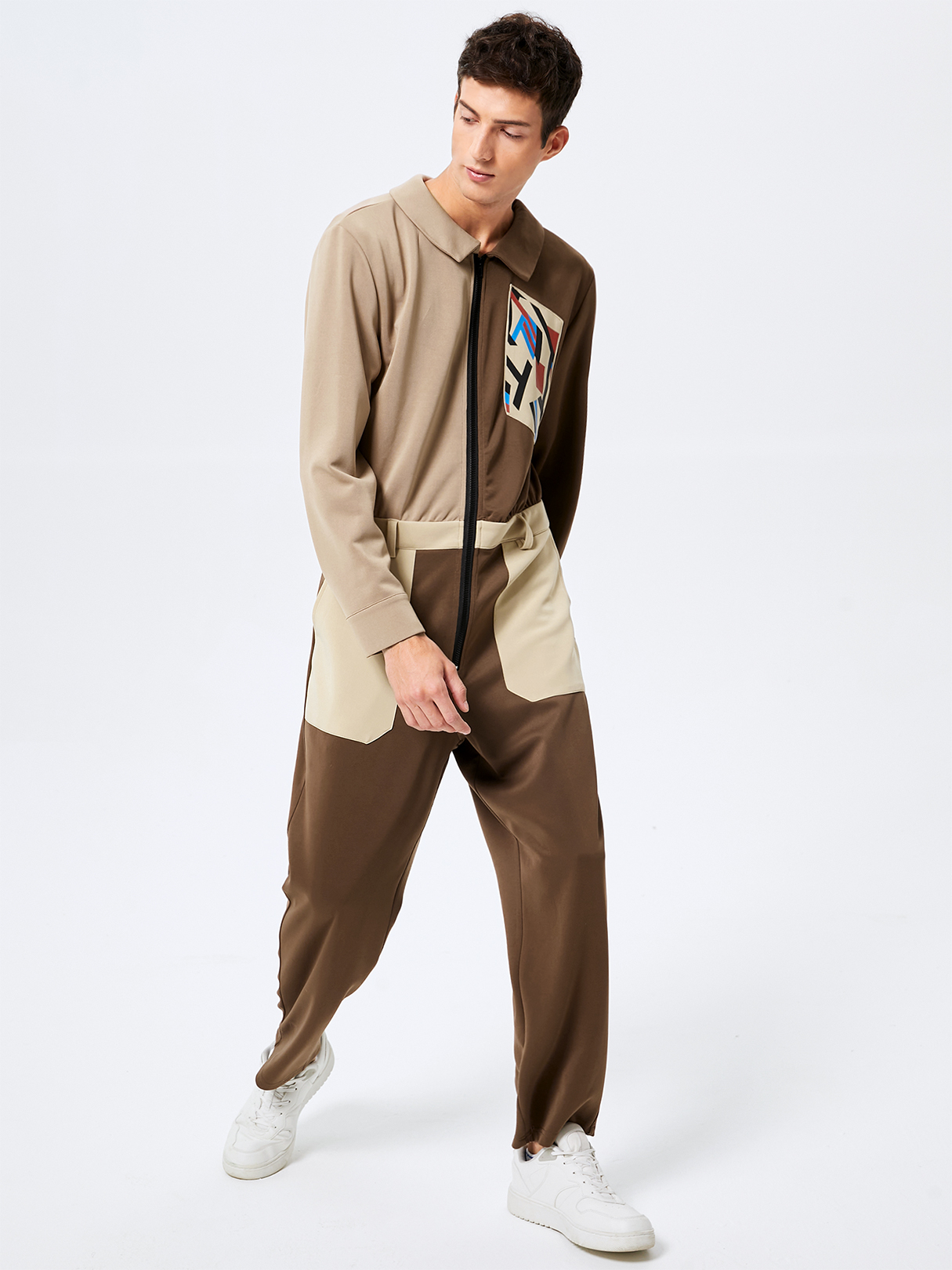 Men Color Block Patchwork Print Long Sleeve Overalls Jumpsuit