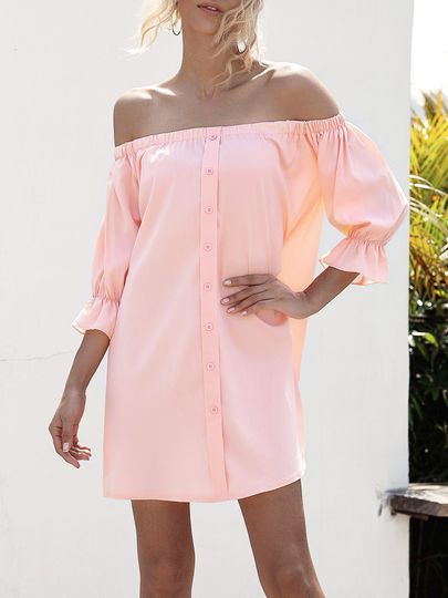 Front Button Off The Shoulder Long Sleeves Dress