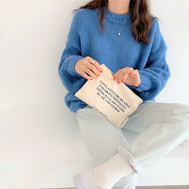Seoulflash - Round-Neck Plain Knit Sweater - Blue/One Size