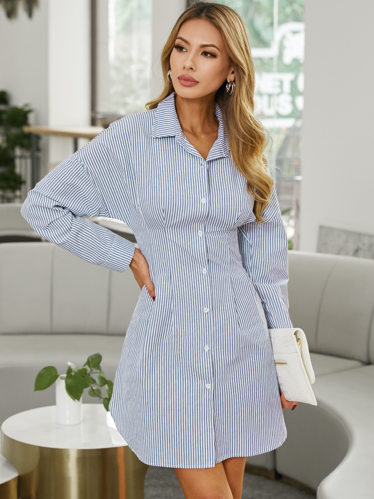 YOINS Striped Button Front Long sleeves Mini Dress