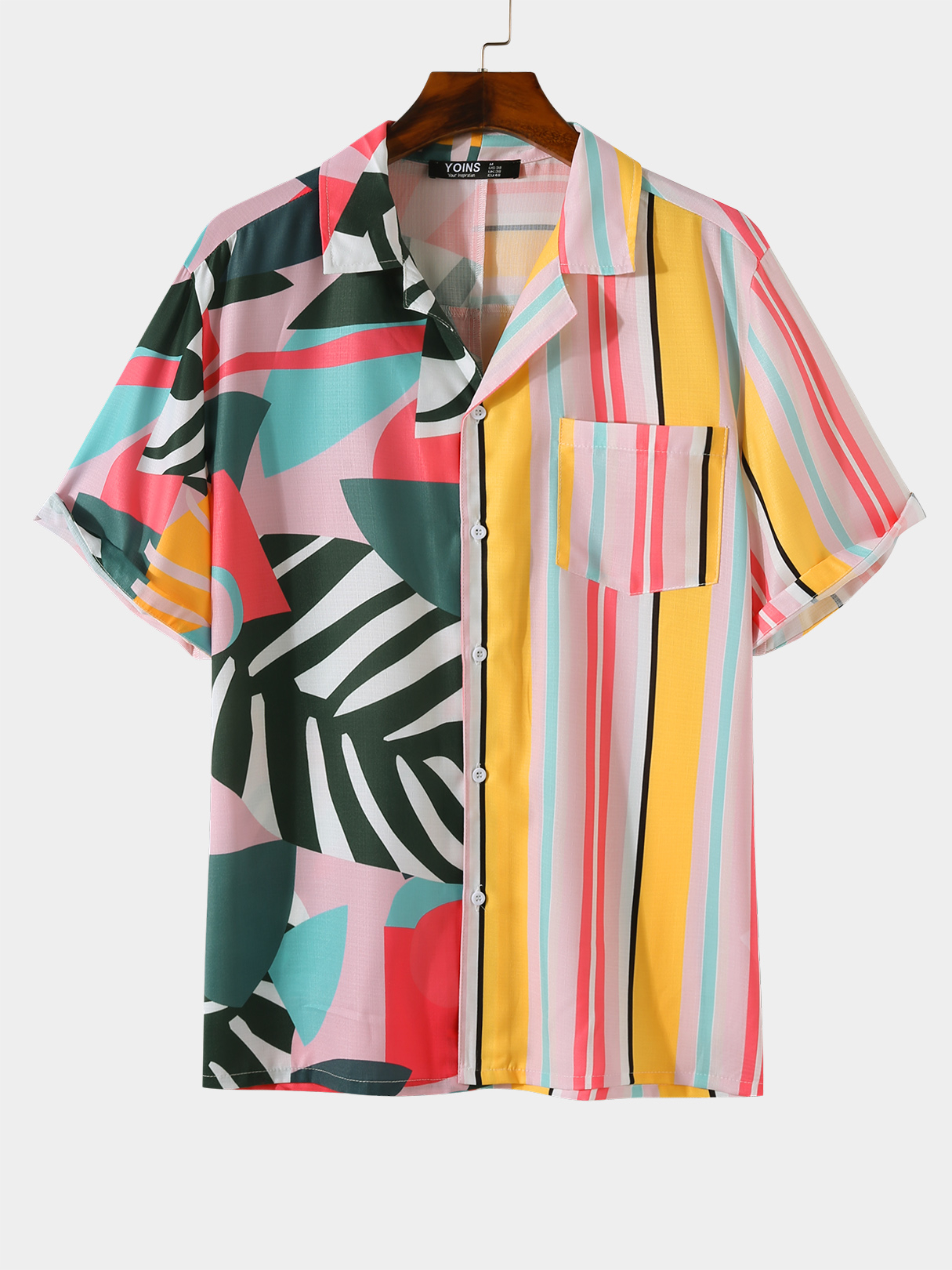 Men Tropical Leaves Stripe Patchwork Pocket Shirt