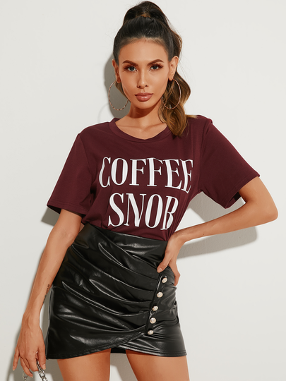 YOINS Burgundy Letter Crew Neck Short Sleeves Tee