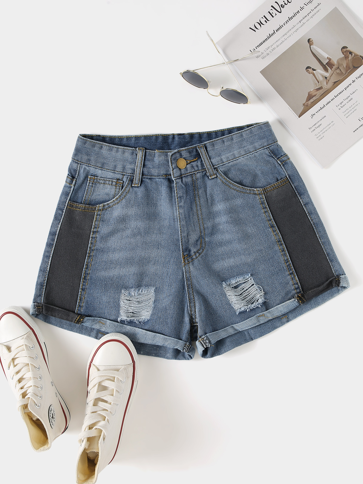 Color Block Random Ripped Denim Shorts