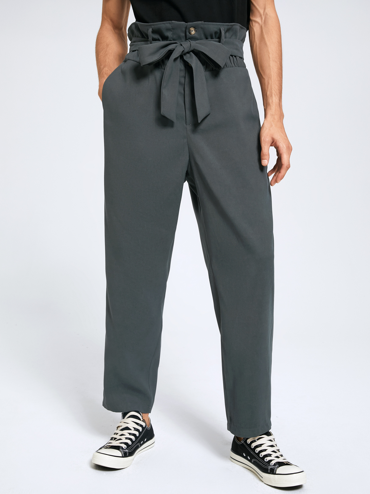 Men Fashion Vintage Belt DesignKnotted High Waist Casual Pants