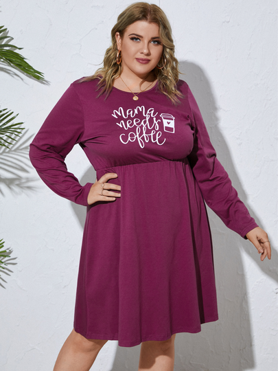 YOINS Plus Size Round Neck Letter Elastic Waist Long Sleeves Dress