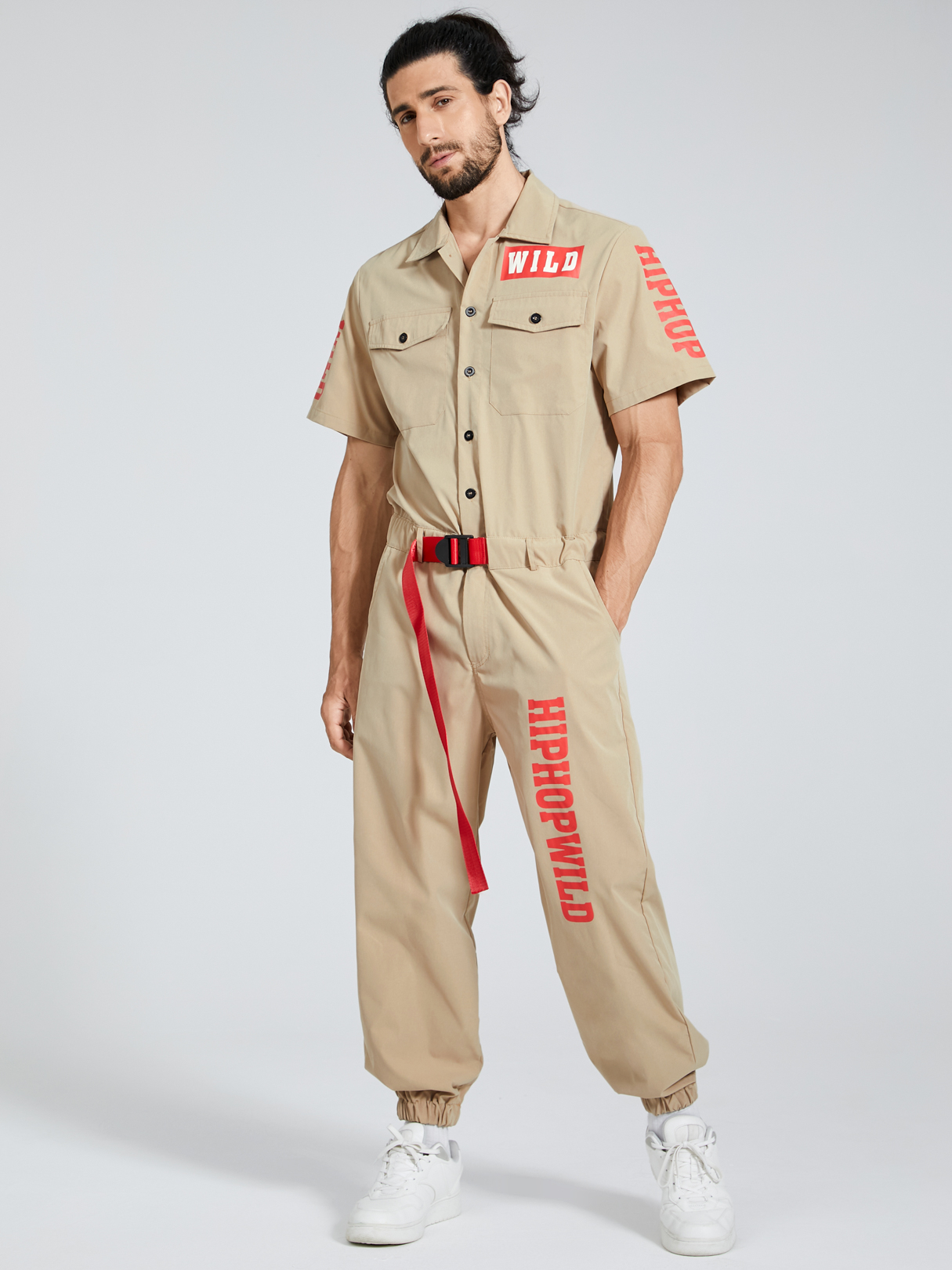 Men Hip Hop Style Letter Print Multi-Pocket Short Sleeves Overalls Jumpsuit