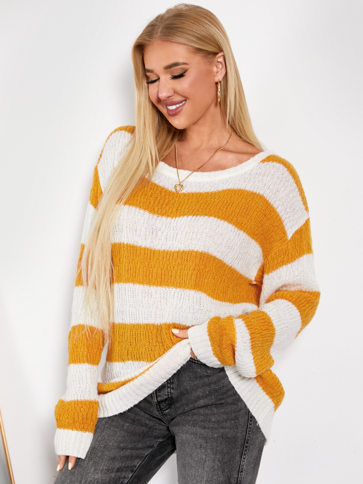 YOINS Striped Round Neck Long Sleeves Sweater