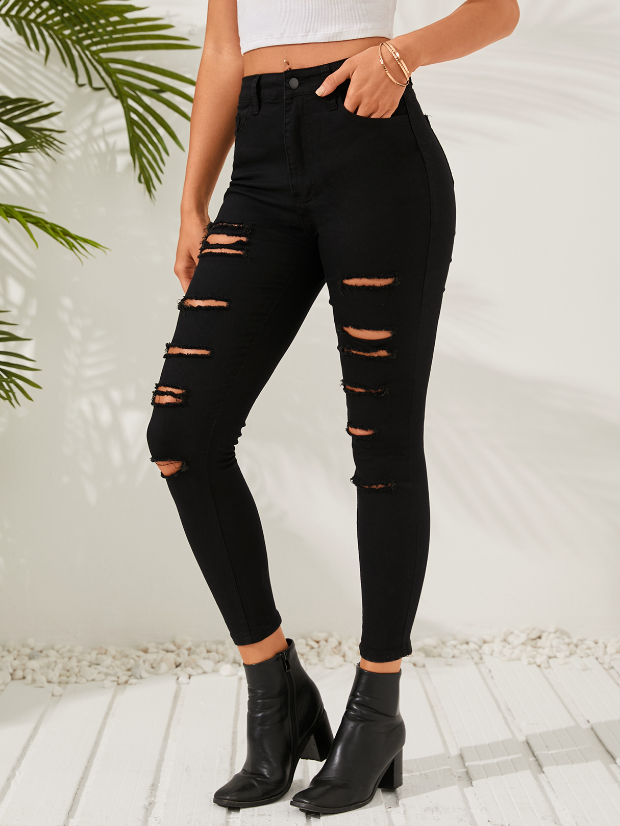Cut Out Side Pocket Random Ripped Details Pants