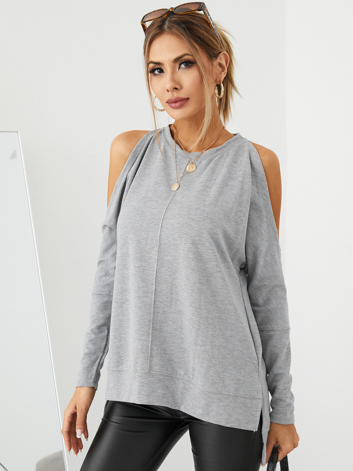 Light Grey Cold Shoulder Long Sleeves Slit Sweatshirt