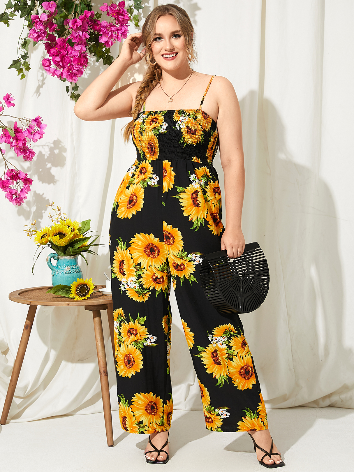 YOINS Plus Size Floral Print Shirring Spaghetti Jumpsuit