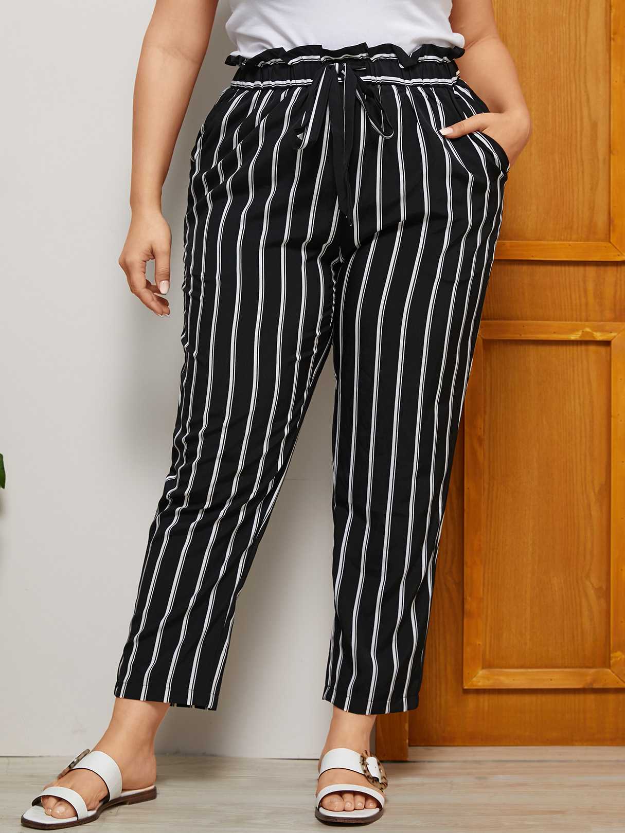 Plus Size Black Belt Design Striped Pants