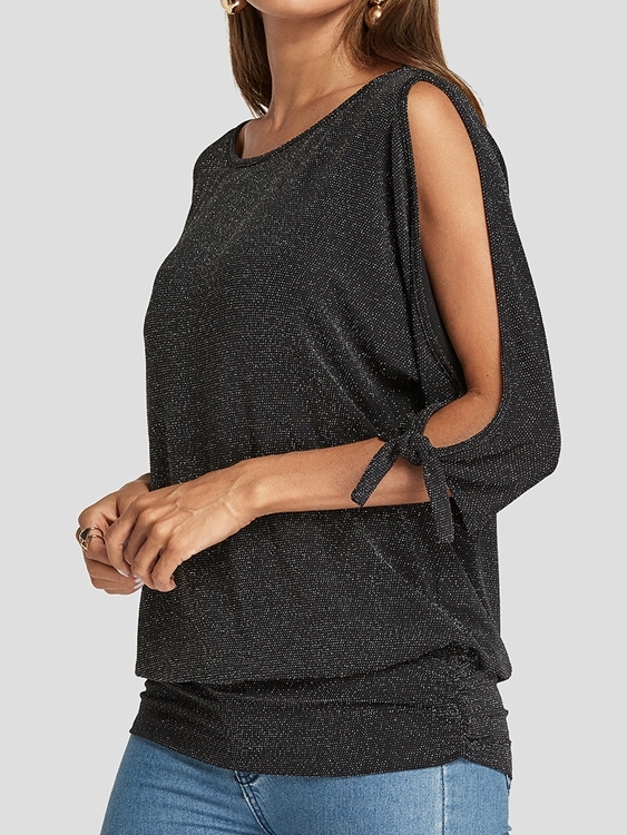 Black Tie-up At Cuffs Round Neck Tee