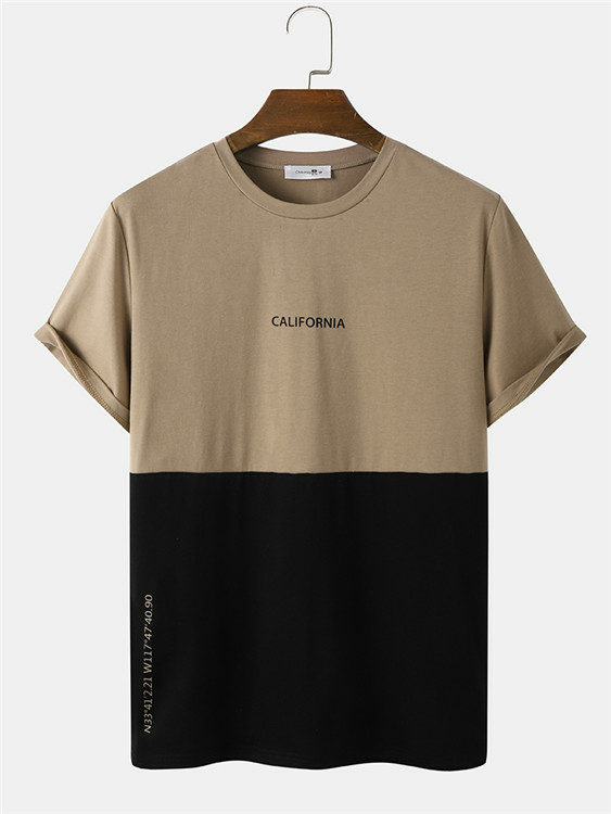 ChArmkpR Men Letter Print Color Block Splicing Casual T-Shirt