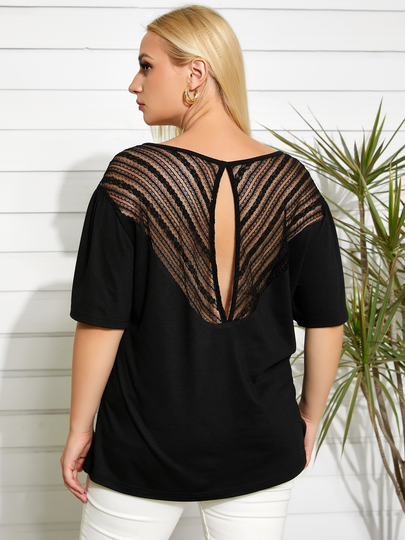 YOINS Plus Size V-neck Cut Out Lace Patchwork Design Short Sleeves Tee