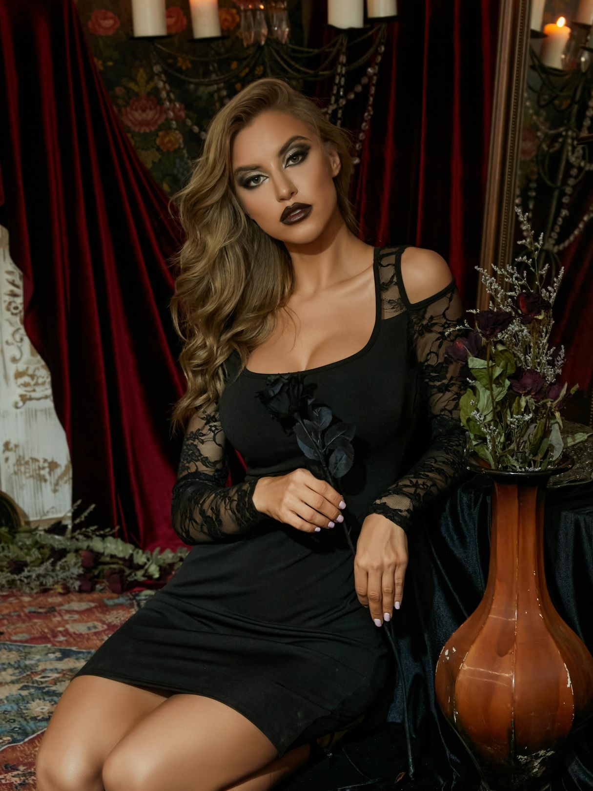 YOINS Black Lace Patchwork Cold Shoulder Long Sleeves Midi Dress