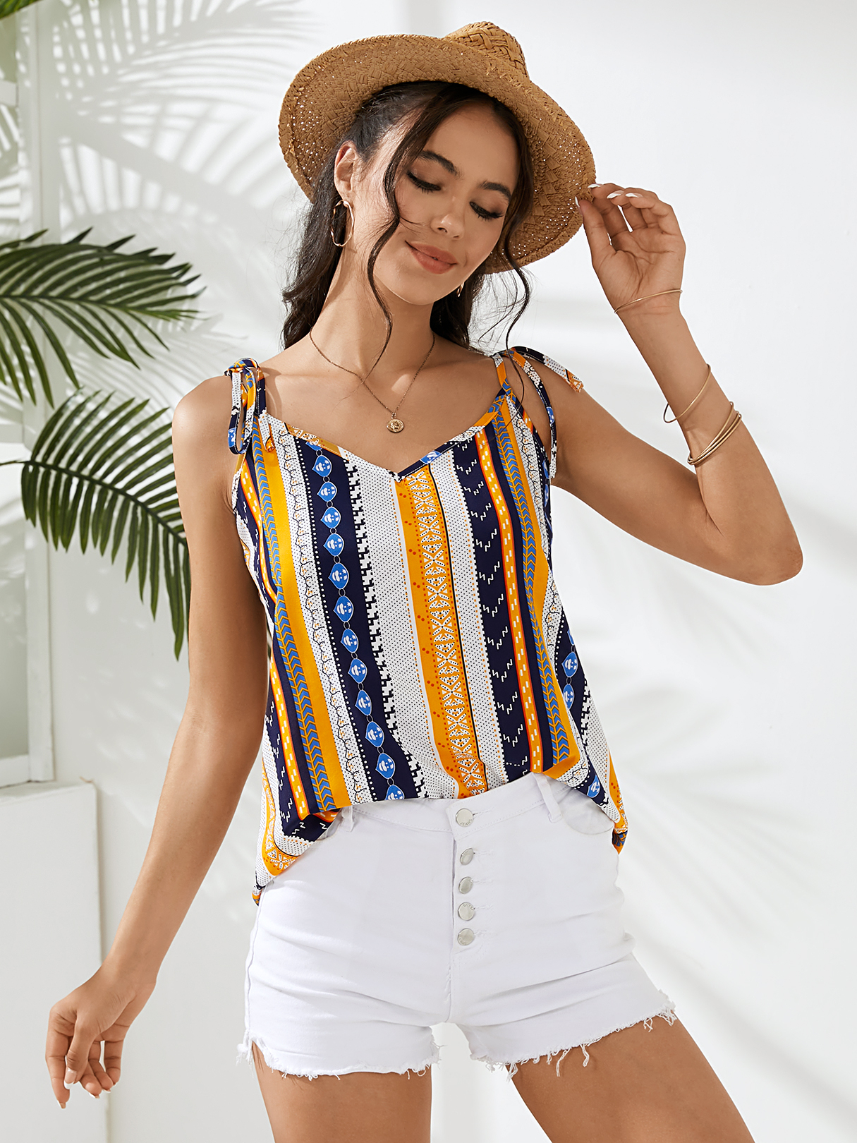 Multicolor Striped Tie-up Design V-neck Cami