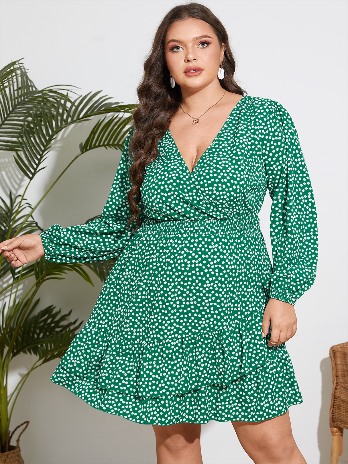 YOINS Plus Size Calico Double Layer Long Sleeves Dress