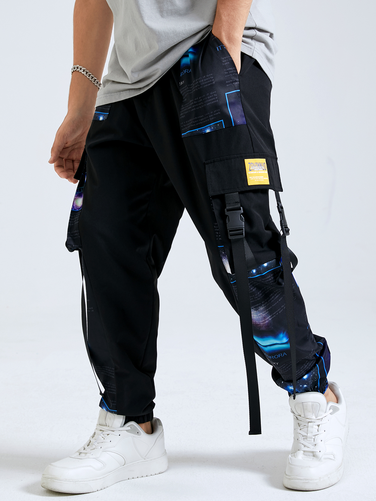 Men Casual Galaxy Print Ribbon Design Drawstring Cargo Pants
