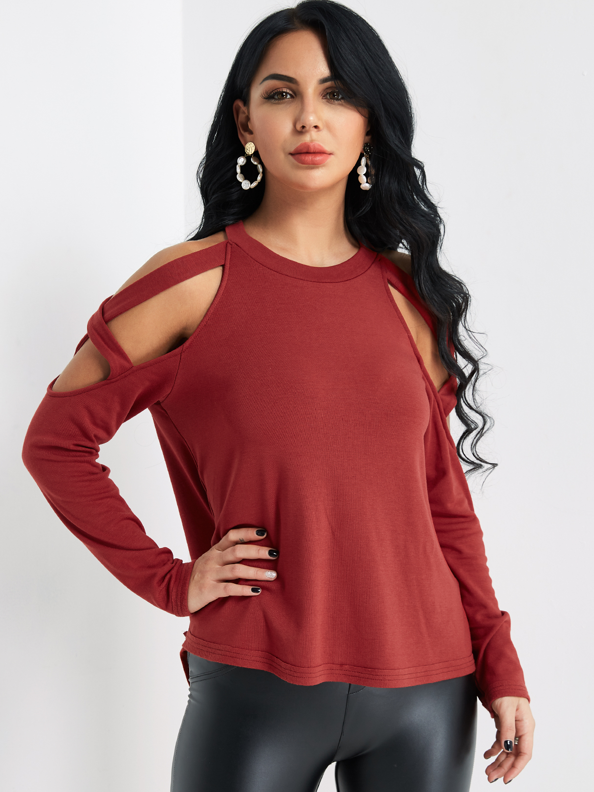 Burgundy Cutout Cold Shoulder Top