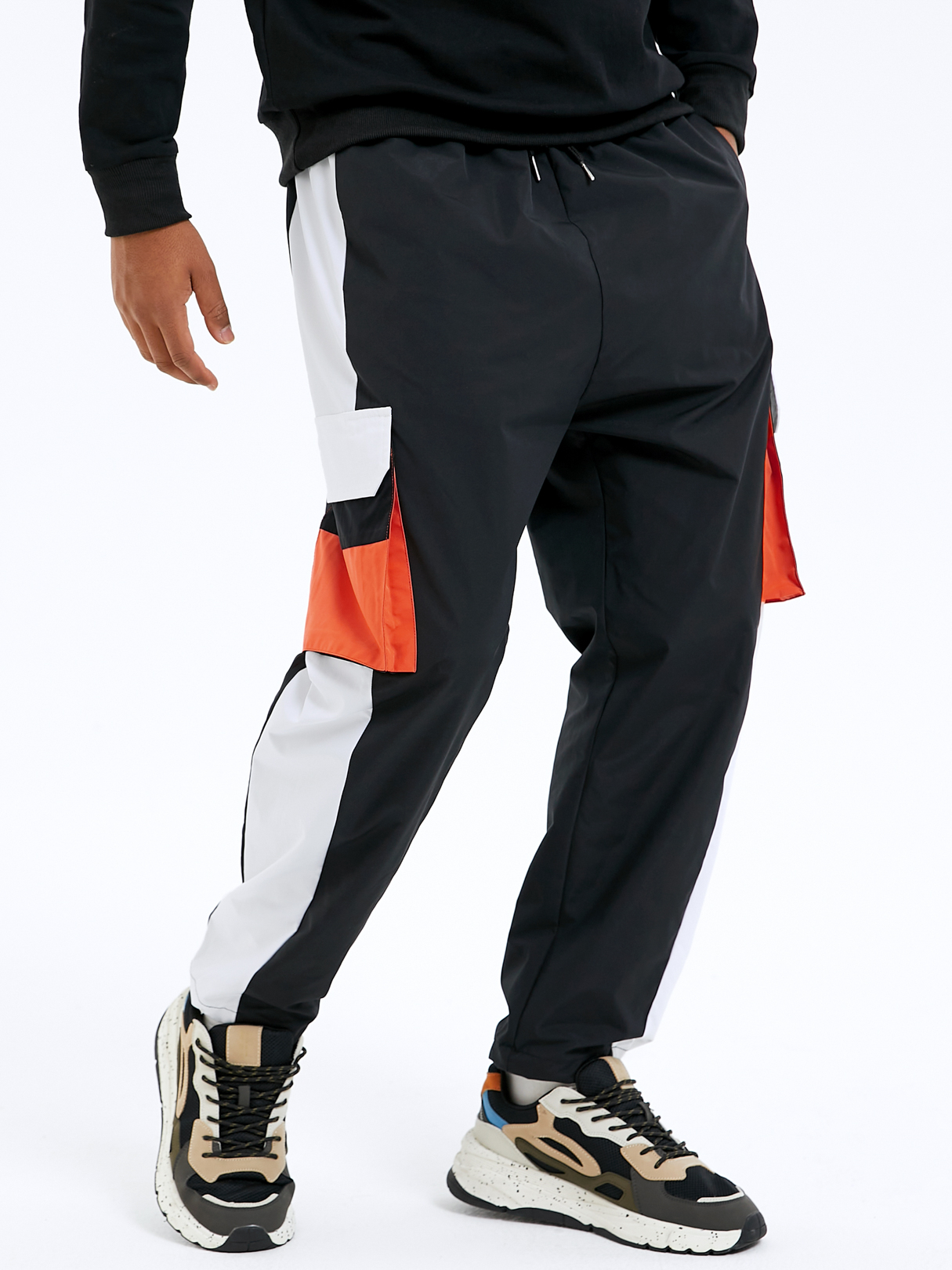 Men Casual Color Block Patchwork Drawstring Cargo Pants