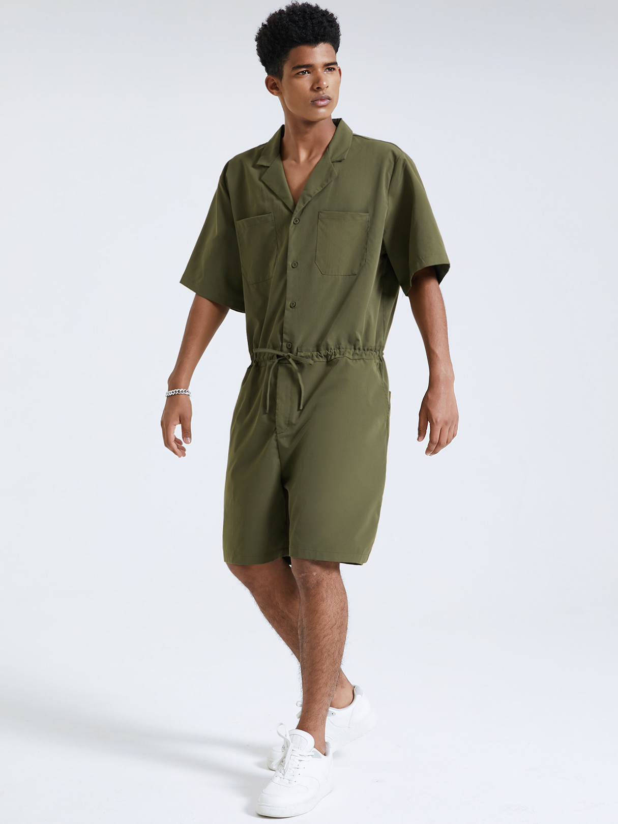 Men Casual Vintage Loose Fit Romper Short Sleeve Overalls Jumpsuit
