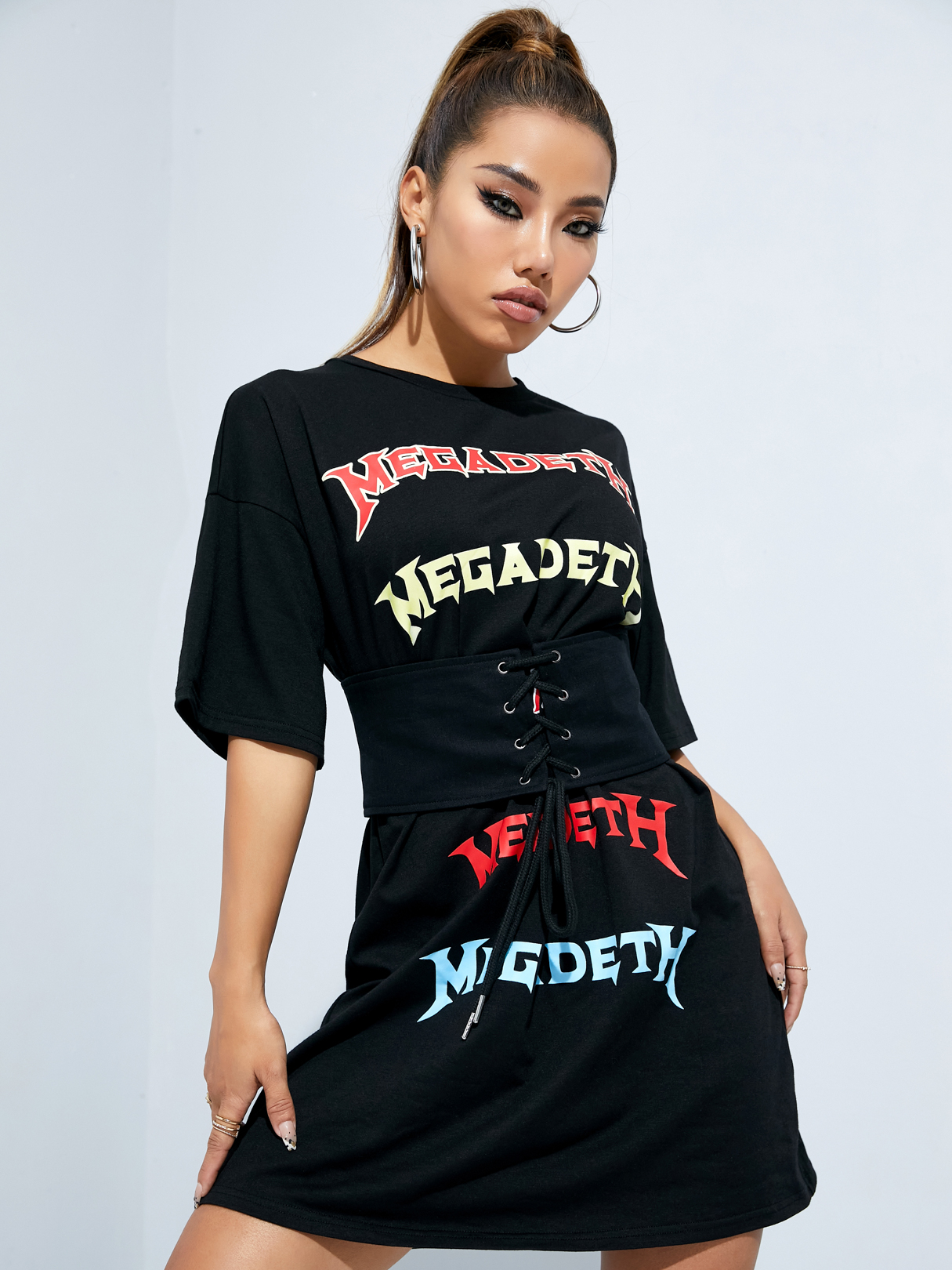 YOINS Round Neck Letter Lace-up Design Short Sleeves Mini Dress
