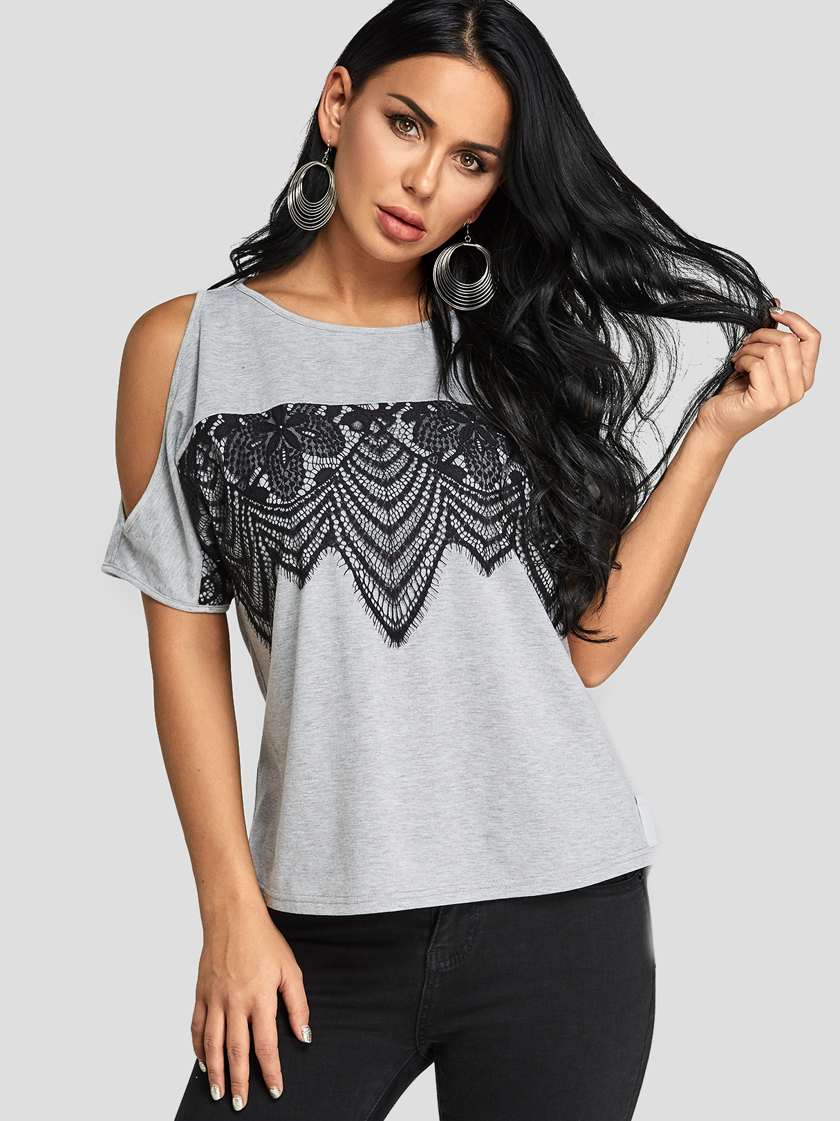Grey Lace Insert Cold Shoulder Tee