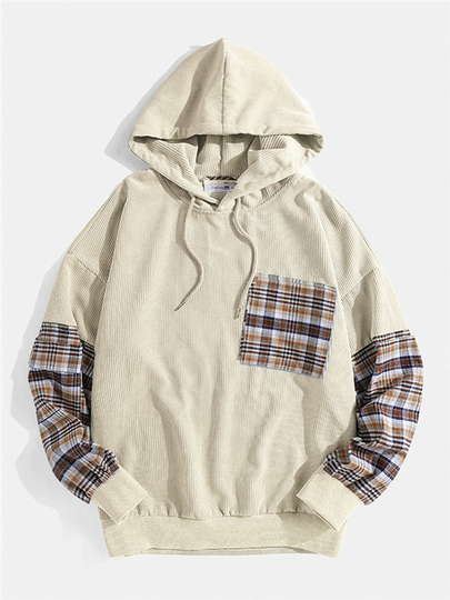 ChArmkpR Men Fashion Corduroy Plaid Patchwork Chest Pocket Drawstring Hoodie