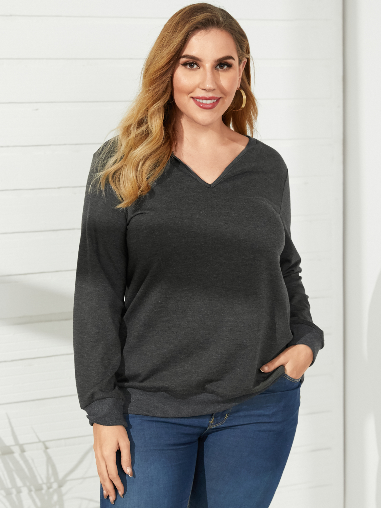 YOINS Plus Size V-neck Long Sleeves Sweatshirt