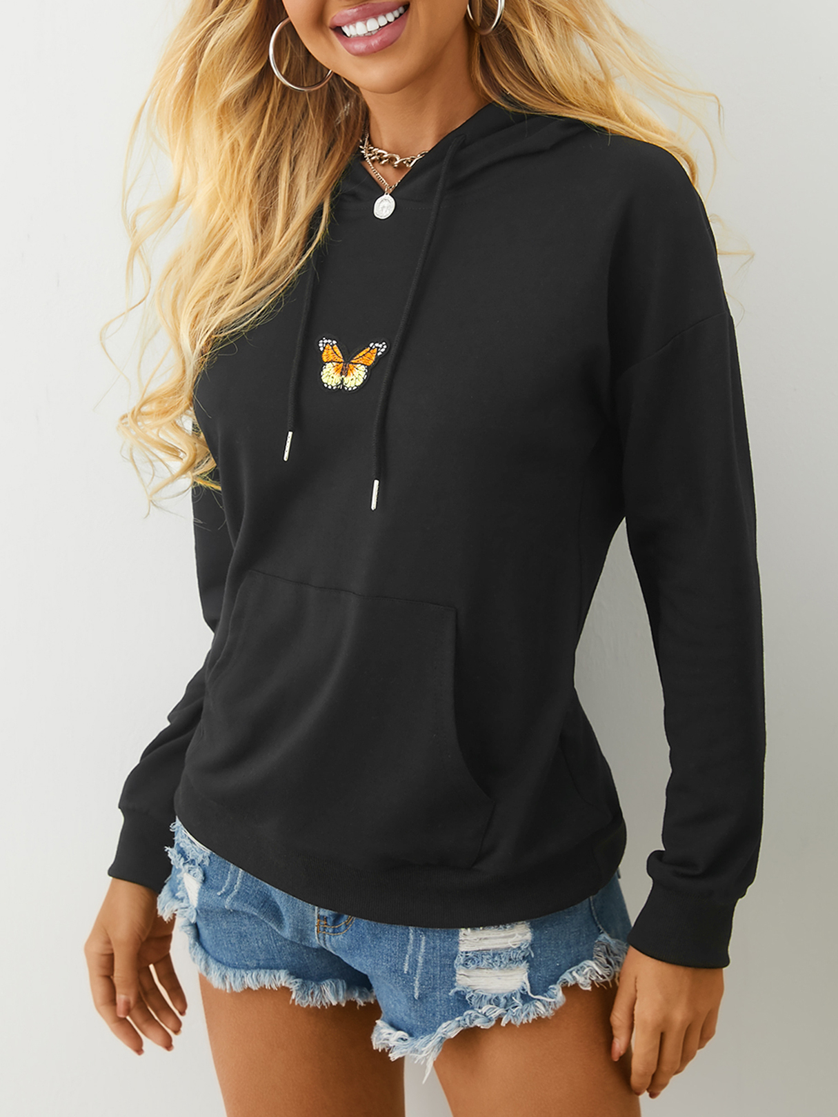 YOINS Black Pocket Design Pullover Long Sleeves Hoodie