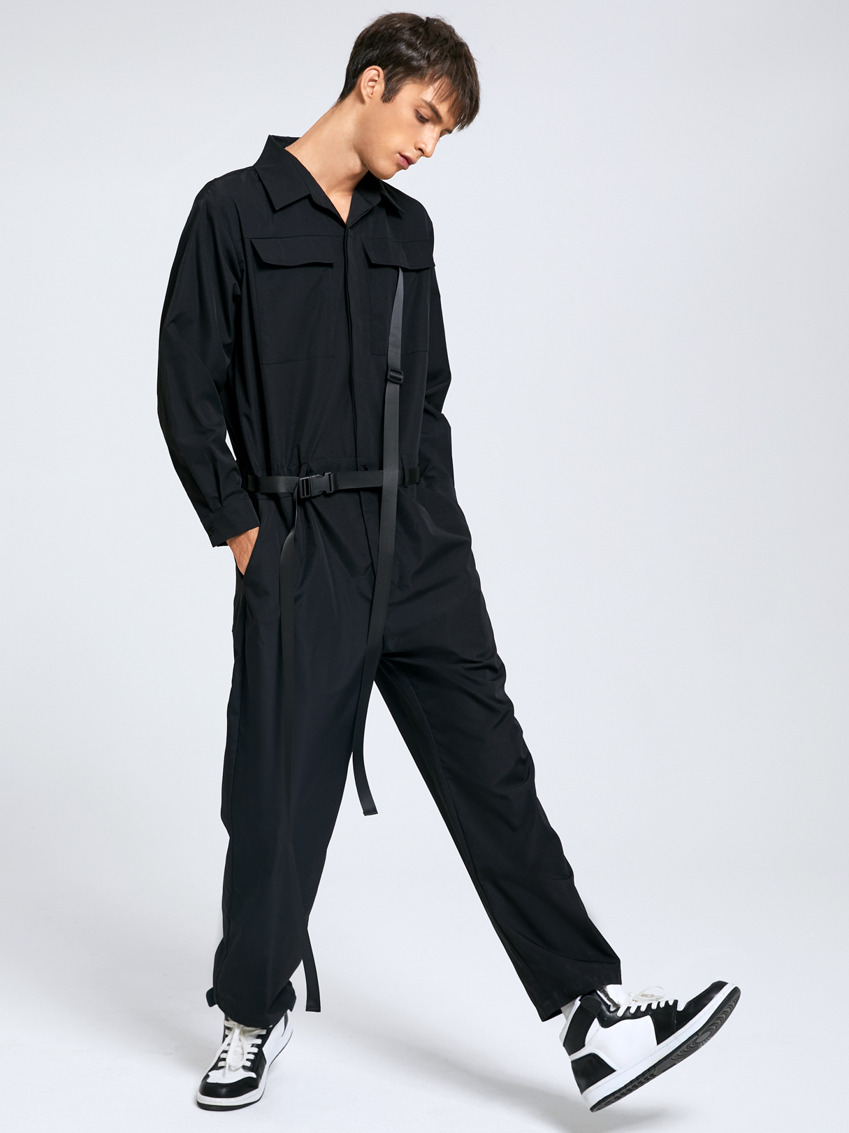 Men Hip Hop Style Button Front Ribbon Design Long Sleeve Overalls Jumpsuit