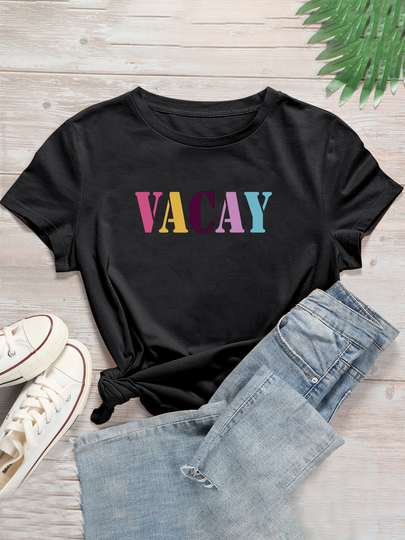Plus Size Black Letter Crew Neck Short Sleeves Tee