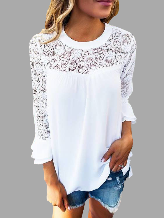 Casual Lace Insert Stitching Chiffon Top in White