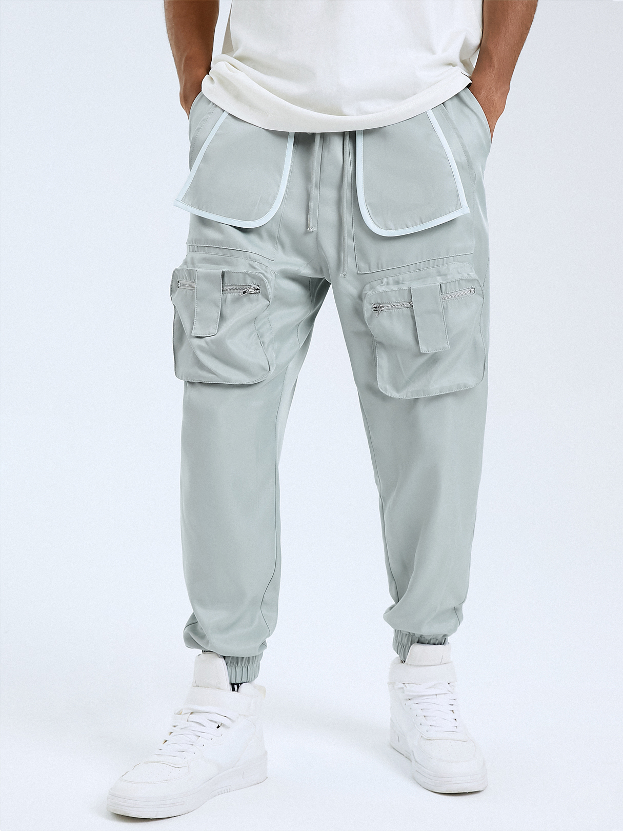 Men Casual Plain Multi-Pocket Drawstring Cargo Pants