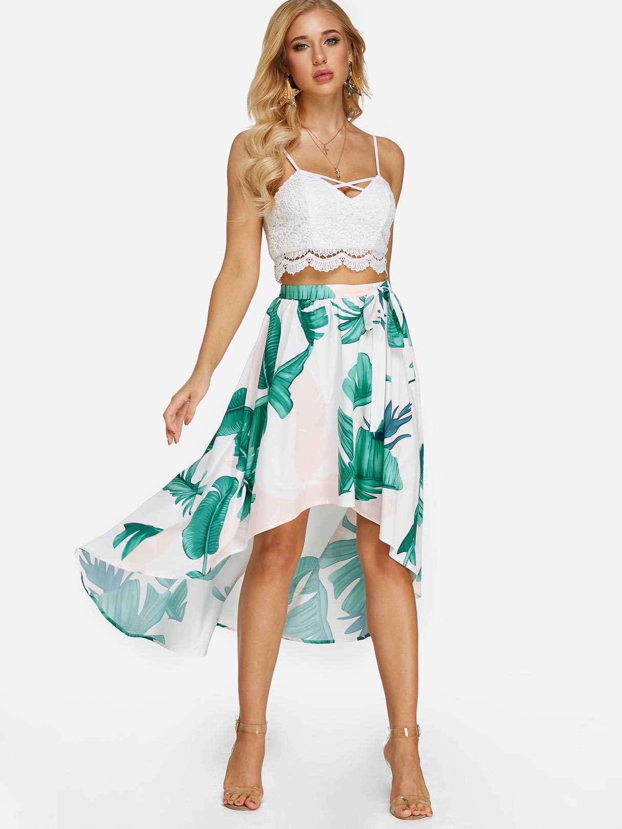 Sexy Lace Insert Crop Top & Slit Leaf Print Skirt Two Piece Outfits