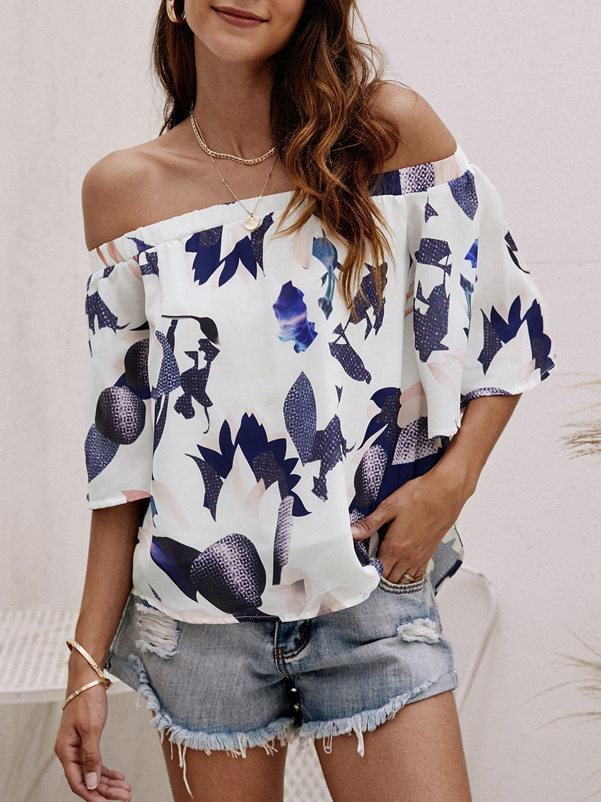 Off-The-Shoulder Random Floral Print Top in White