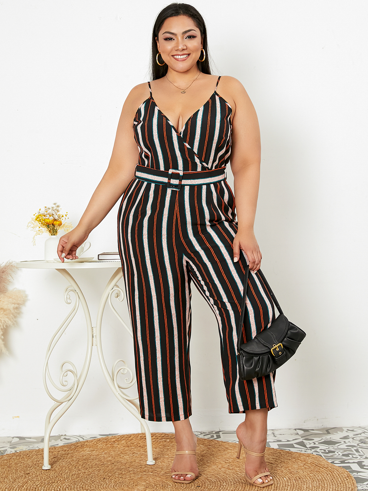 YOINS Plus Size Spaghetti Striped Belt Design Wide Leg Jumpsuit