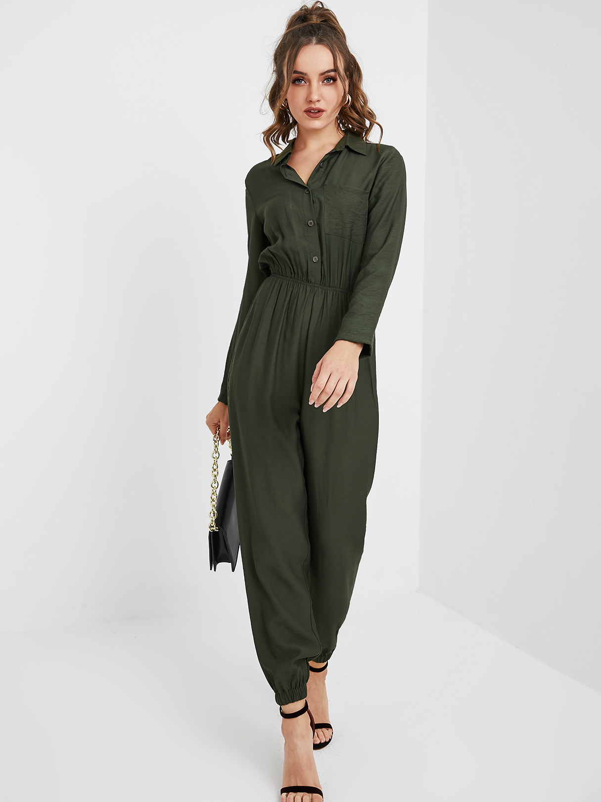 YOINS Army Green Front Button Long Sleeves Drawstring Waist Jumpsuit