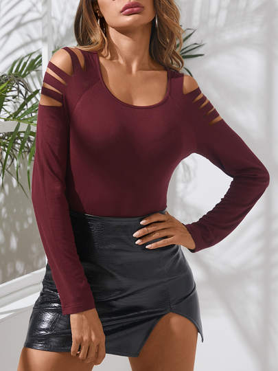 YOINS Ripped Cold shoulder Long sleeves Tee