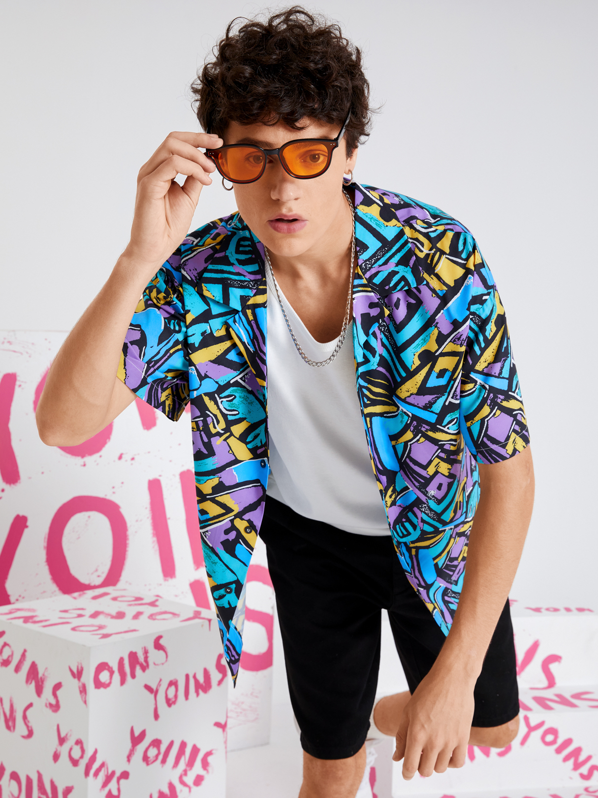 KOYYE Men Casual Graffiti All Over Print Color Block Shirt