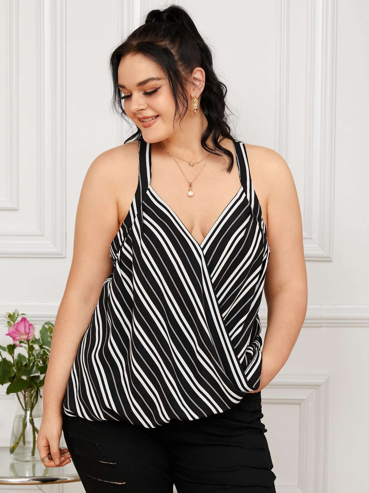YOINS Plus Size Halter Striped Crossed Front Design Sleeveless Cami