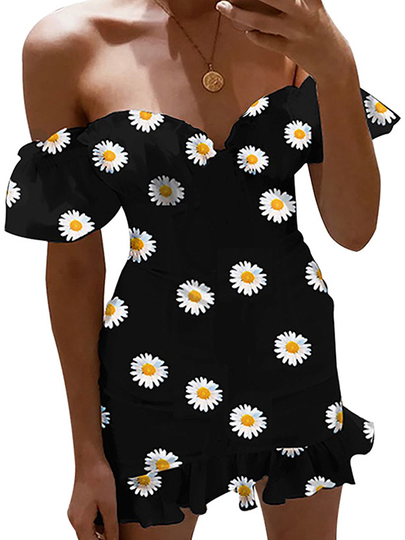 Black Daisy Pattern Off The Shoulder Ruffle Trim Short Sleeves Dress