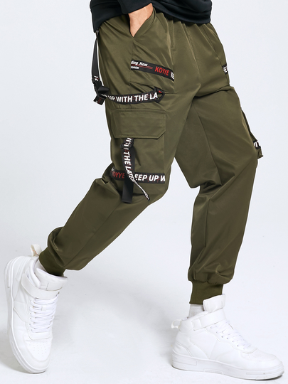 Men Hip Hop Style Letter Print Ribbon Design Drawstring Cargo Pants