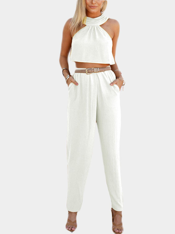 Beige Sleeveless High Waist Halter Co-ord