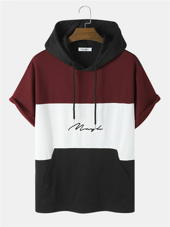 ChArmkpR Men Hooded Color Block Patchwork Drawstring Pocket T-Shirt