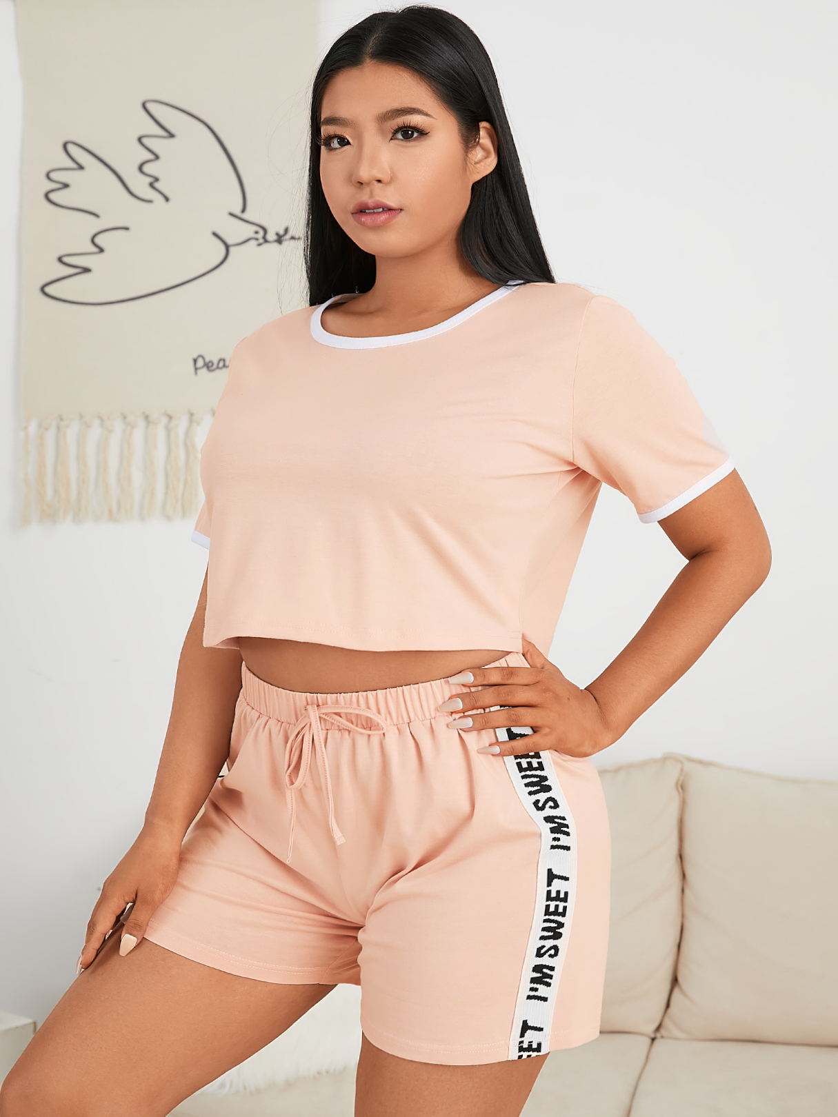 YOINS BASICS Plus Size Letter Drawstring Short Sleeves Two Piece Outfit