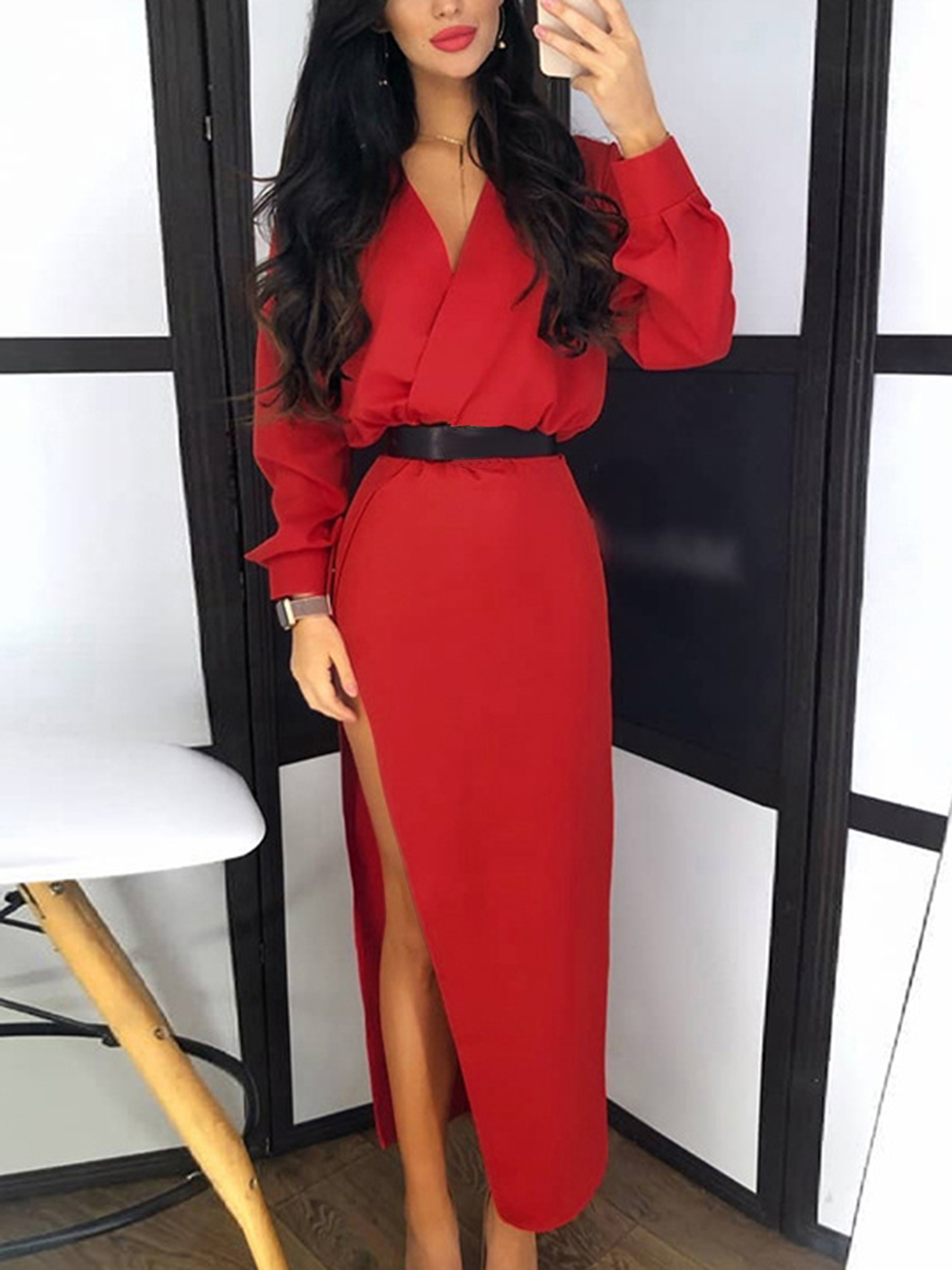 Black Wrap Design Slit V-neck Long Sleeves Dress