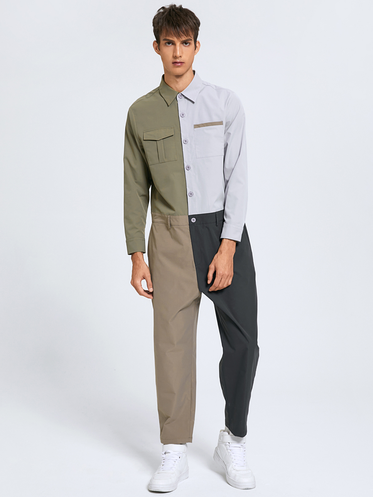 Men Color Block Patchwork Button Front Long Sleeve Overalls Jumpsuit
